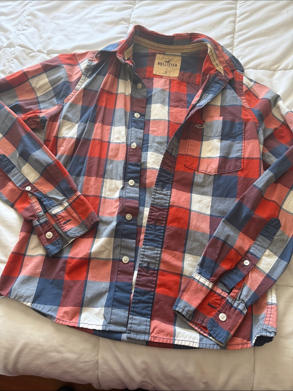 Hollister Red, Navy & White Plaid Long-Sleeve Button-Up Shirt